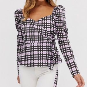 ASOS purple & brown plaid puffy sleeve wrap top